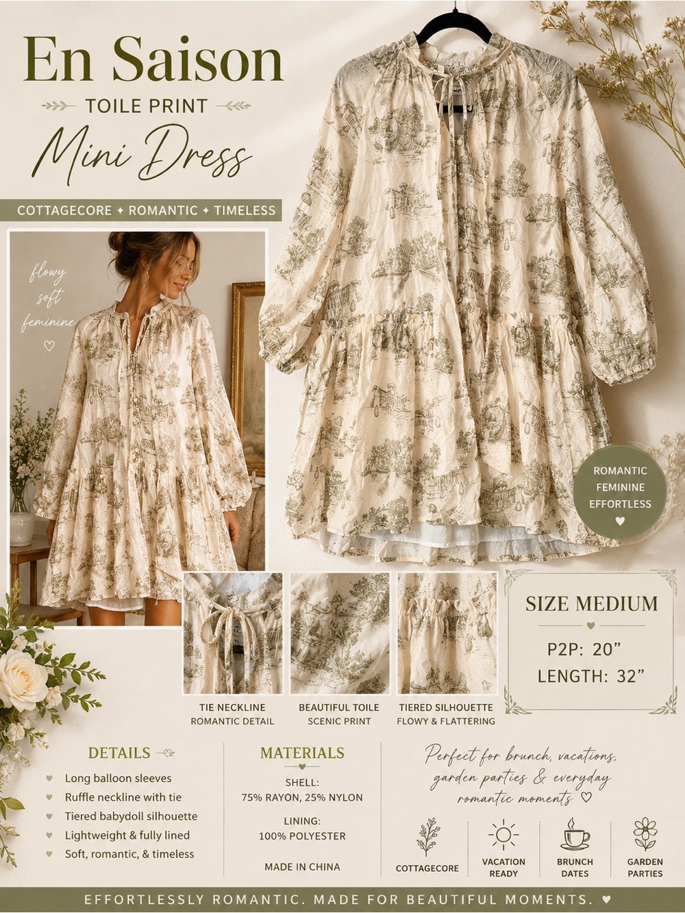 En Saison Toile Print Tiered Mini Dress Size Medium Cottagecore Romantic